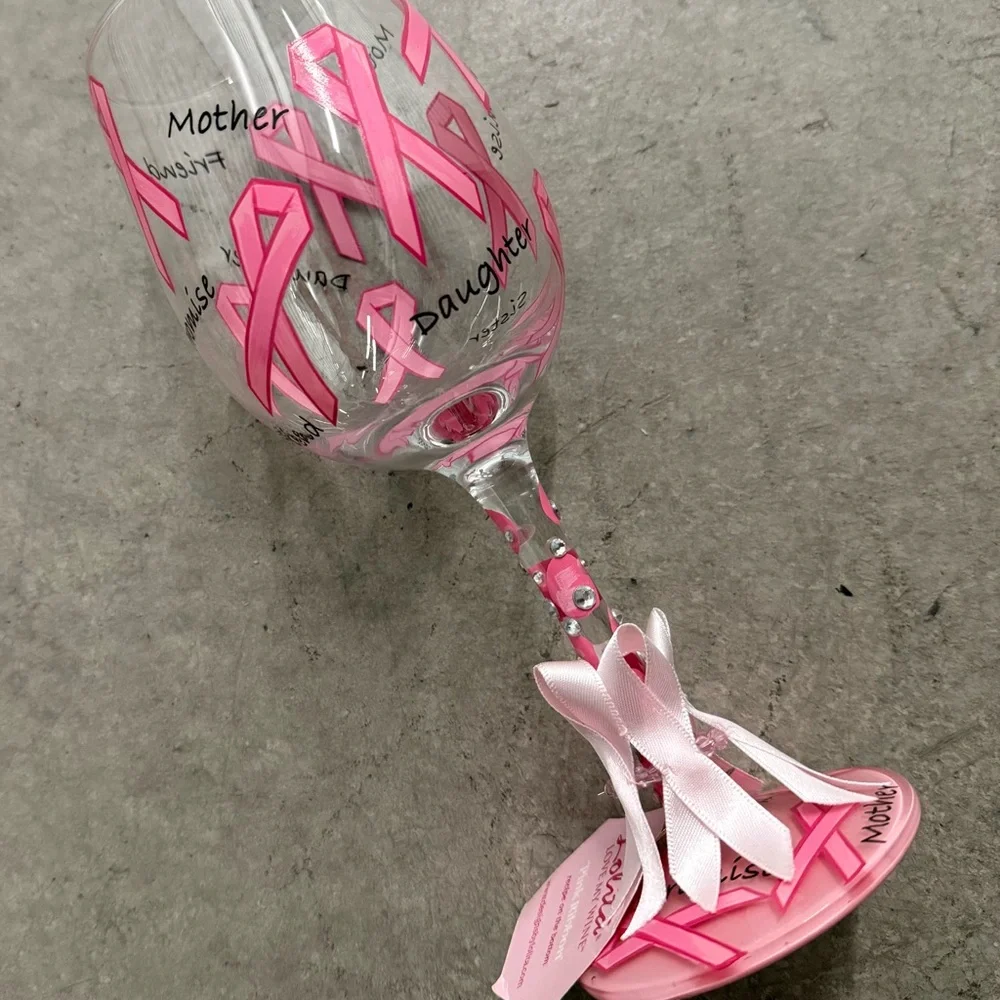 Lolita “Pink Ribbon” Breast Cancer Awareness Hand Painted Wine Glass NWT